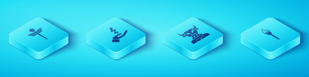 设置等长墨丘利斯蛇医，宙斯，火炬火焰和牛头人的图标。向量图片下载