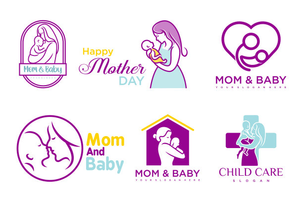 快乐宝宝和妈妈图标集图标设计。儿童商店和婴儿护理中心徽章。插图图片下载
