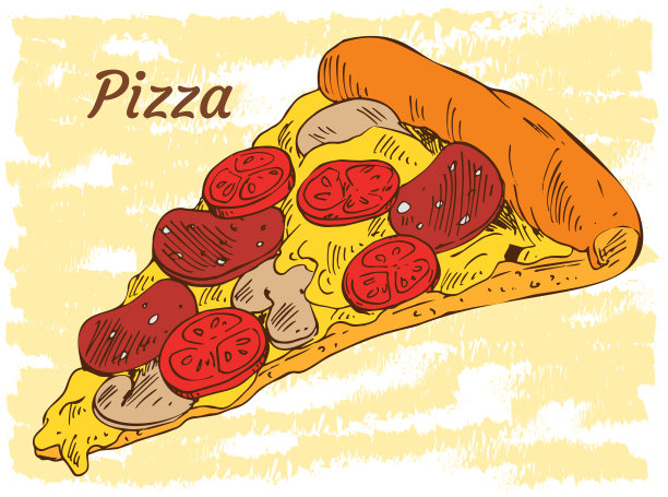 比萨配意大利腊肠和西红柿。盒子设计模板复古风格，餐厅理念图片下载