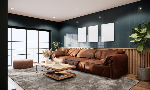 客厅室内设计。模拟海报框架室内背景，现代经典风格，墨绿色墙壁和拼花地板，3D渲染，3D插图图片下载
