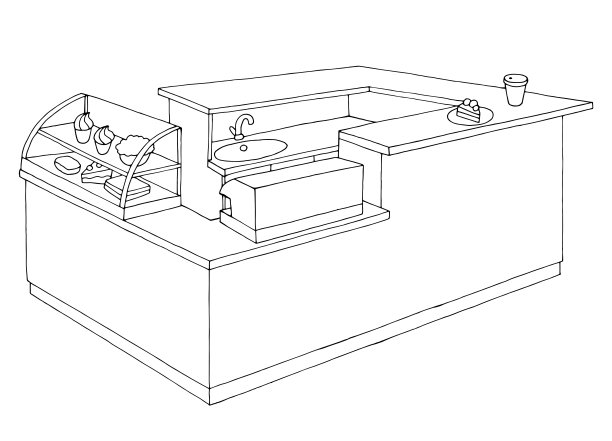 咖啡馆柜台岛孤立的图形黑白室内素描插图矢量图片下载