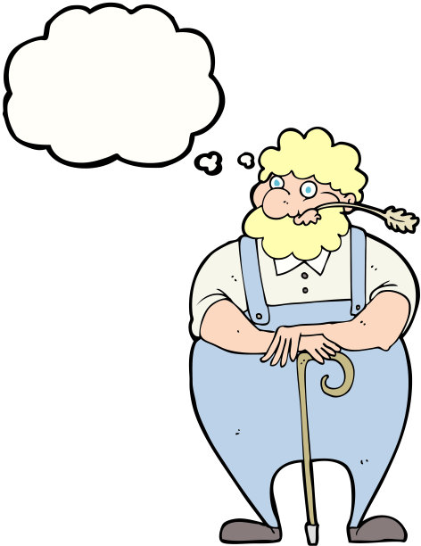 卡通农民拄着拐杖，带着思想泡泡图片下载