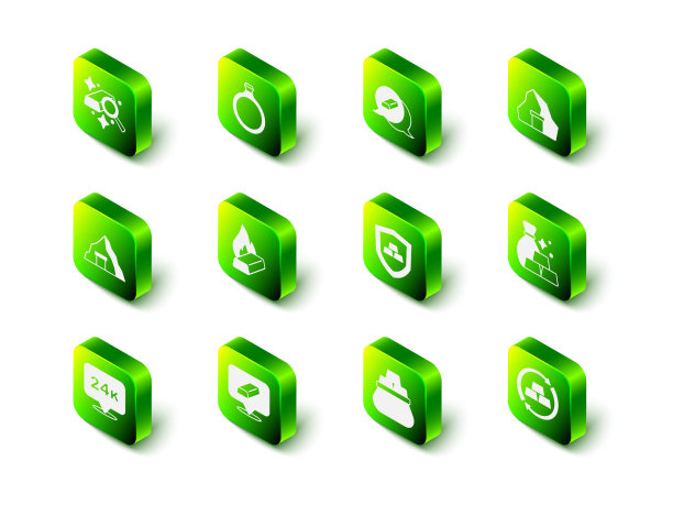 设置金戒指，酒吧，矿山，袋黄金，交换货币，与盾，和图标。向量图片下载