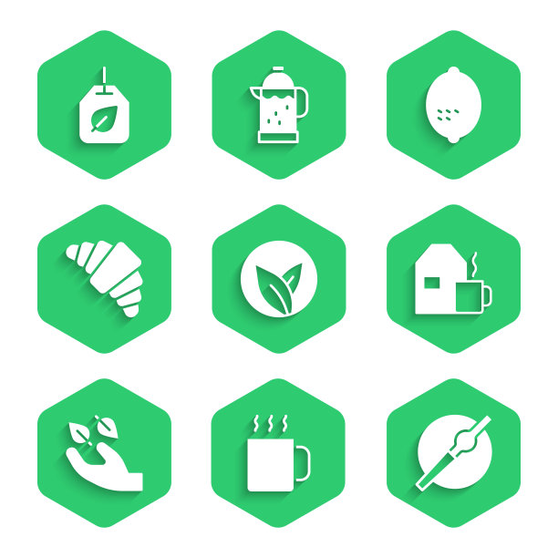 设置茶叶，一杯茶，香烟，与牛奶，在手，牛角包，柠檬和包图标。向量图片下载