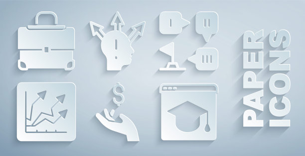 设置手持硬币货币，规划策略，财务增长增加，在线教育，项目团队基地和公文包图标。向量图片下载