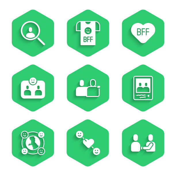 设置永远最好的朋友或最好的朋友，浪漫的关系，快乐的友谊日，家庭照片，国际社区，朋友，放大镜搜索图标。向量图片下载