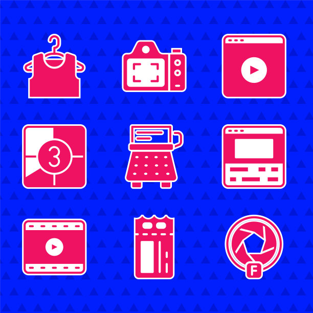 设置复古打字机，电影票，相机快门，录像机在笔记本电脑，播放，老电影电影倒计时框架，在线播放视频和无袖t恤图标。向量图片下载