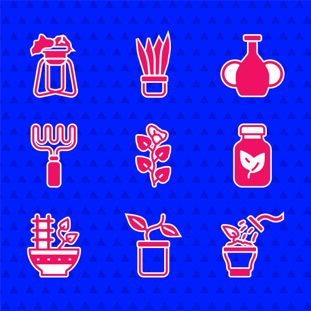 设置常青藤枝，植物在花盆，喷洒植物，肥料瓶，花园耙，花瓶和站图标。向量图片下载