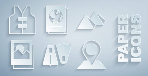 设置游泳橡胶脚蹼，埃及金字塔，照片，位置，护照和救生衣图标。向量图片下载