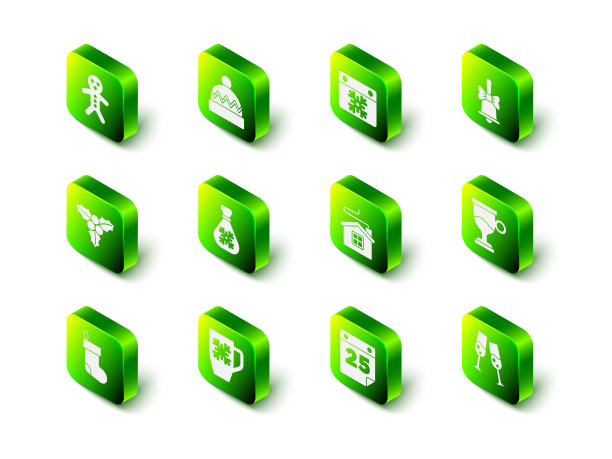 冬季帽子、日历、圣诞铃铛、热红酒、香槟酒杯、房子和雪花咖啡杯矢量图标图片下载