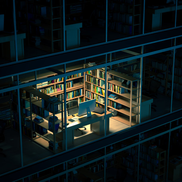 夜间透过玻璃窗看到的办公室内部图片下载