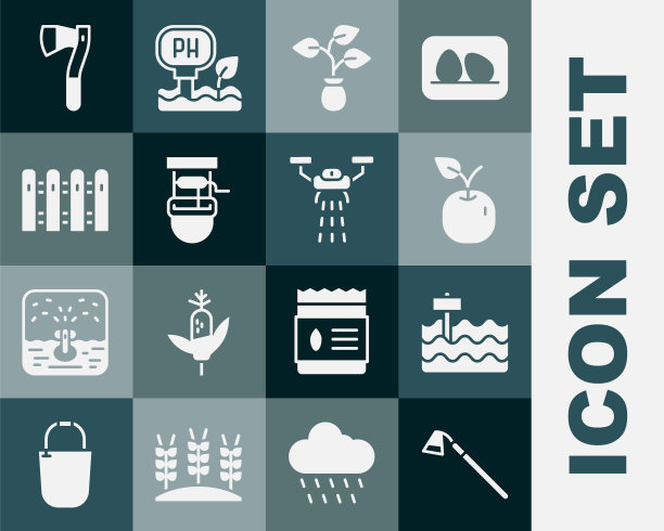 集花园锄头，床，苹果，植物，井与桶，栅栏木，木斧和智能农场无人机图标。向量图片下载