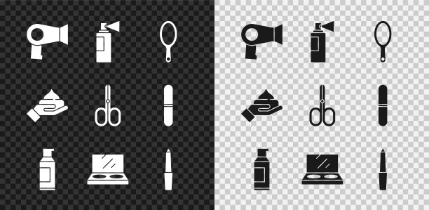 设置吹风机，香水，手镜，发胶喷雾罐，化妆粉，指甲锉，乳霜化妆水化妆管和剪刀图标。向量图片下载