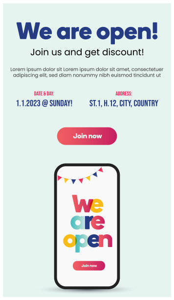 我们是开放的。我们是开放的，加入我们可以享受折扣。五彩缤纷的加入我们，我们是开放的移动应用程序，折扣，日期，时间和地点。现在打开。得到折扣。新的报价。你被邀请了。手机应用程序图片下载