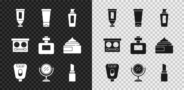 套装霜或乳液化妆管，一瓶洗发水，脱毛膏，圆形化妆镜，口红，眼影盘和香水图标。向量图片下载