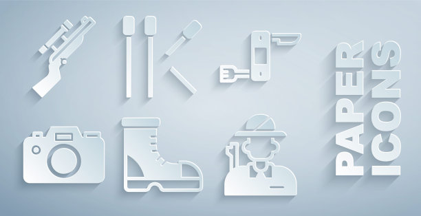 设置猎人靴，瑞士军刀，相机，火柴和狙击步枪与范围图标。向量图片下载