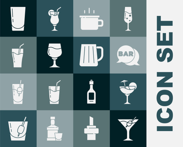 设置马提尼杯，鸡尾酒，街道招牌与酒吧，咖啡杯，葡萄酒，玻璃果汁，水和木制啤酒杯图标。向量图片下载