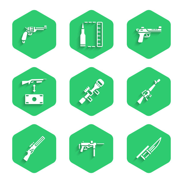 设置狙击光学瞄准具，冲锋枪M3，步枪上的刺刀，M16A1，狩猎，购买突击，沙漠之鹰和左轮手枪图标。向量图片下载