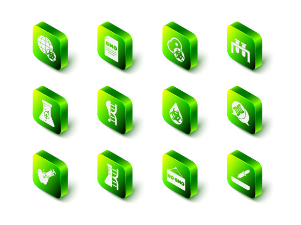 设置GMO，转基因肉，试管和烧瓶，DNA符号，移液管，No和研究，搜索图标。向量图片下载