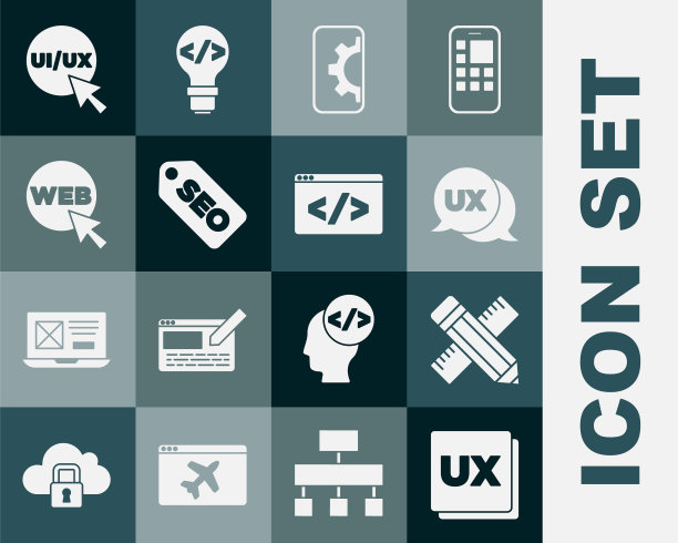 集UI或UX设计，交叉尺和铅笔，Web开发，SEO优化，图形和前端图标。向量图片下载