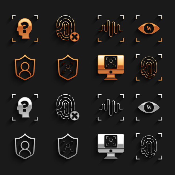 设置盾牌人脸识别、眼睛扫描、指纹、人脸、用户保护、语音和拒绝指纹图标。向量图片下载