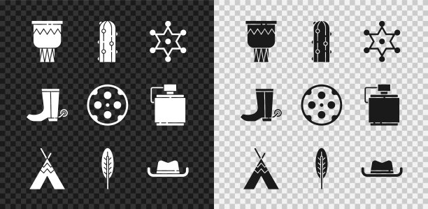 集鼓，仙人掌，卦警长，印第安帐篷或小木屋，羽毛，西部牛仔帽，牛仔靴和左轮手枪筒图标。向量图片下载