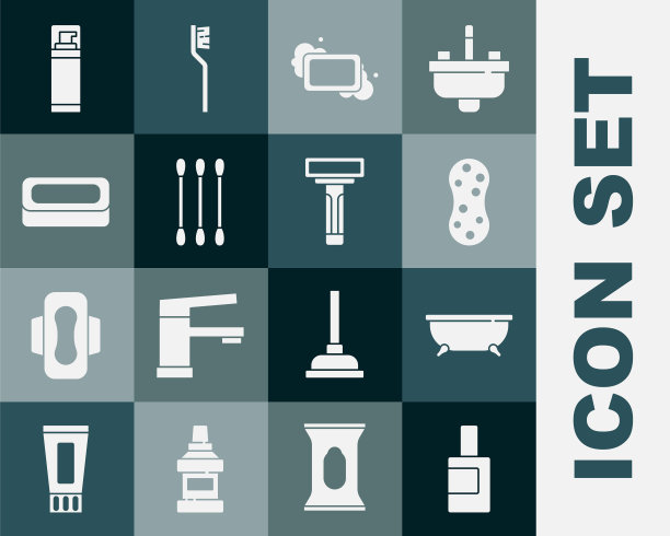 设置瓶清洗剂，浴缸，海绵，肥皂条，棉签耳朵，剃须凝胶泡沫和剃须刀图标。向量图片下载