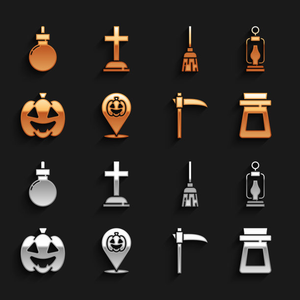 设置南瓜，野营灯笼，瓶子药水，镰刀，女巫扫帚，炸弹准备爆炸和墓碑十字架图标。向量图片下载
