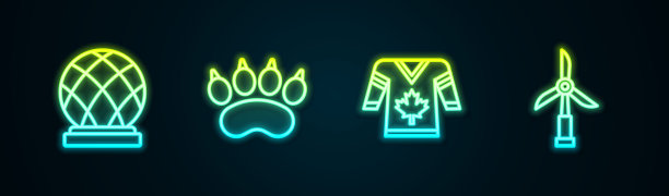 设定线蒙特利尔生物圈，熊爪足迹，曲棍球球衣和风力涡轮机。发光的霓虹灯图标。向量图片下载