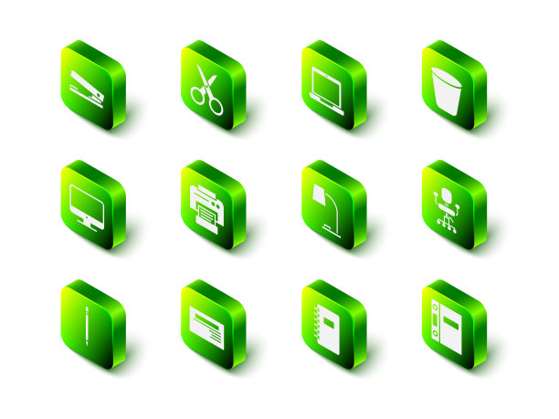 设置剪刀，笔记本电脑，垃圾桶，办公椅，文件夹，台灯，螺旋笔记本电脑和名片图标。向量图片下载