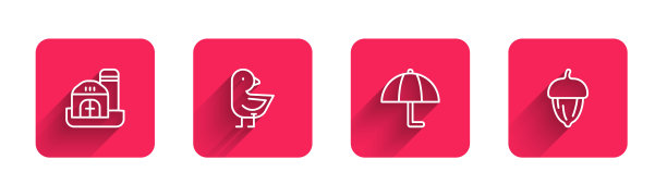 设定线农舍，小鸡，伞和橡子与长影子。红色方块按钮。向量图片下载