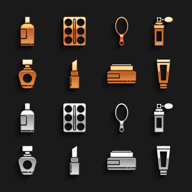 设置口红，香水，霜或乳液化妆品管，手镜，瓶洗发水和眼影调色板图标。向量图片下载