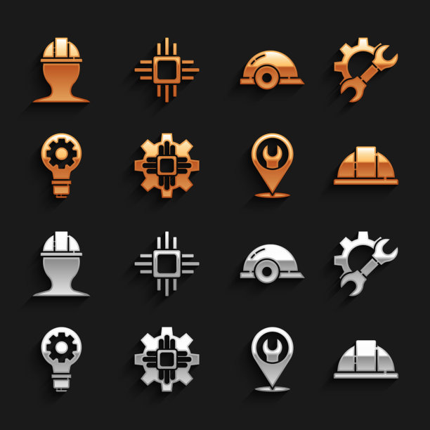 设置处理器，扳手扳手和齿轮，工人安全帽，位置与扳手，灯泡，和微电路CPU图标。向量图片下载