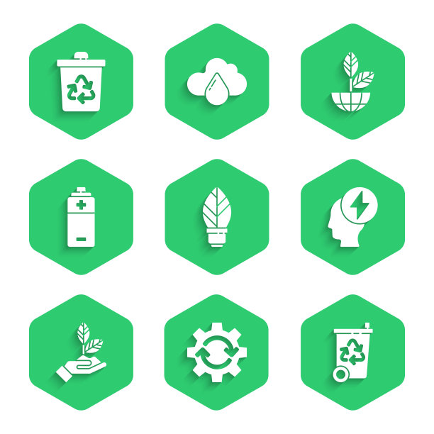 设置灯泡叶片，齿轮和箭头为工作流程，回收站回收，头部电气符号，植物手，电池，地球地球植物和图标。向量图片下载