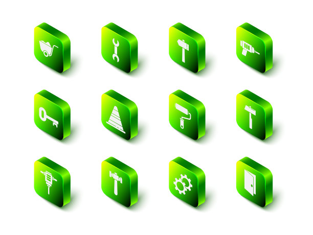 设置扳手，锤子，电钻，闭门，油漆刷，齿轮和图标。向量图片下载