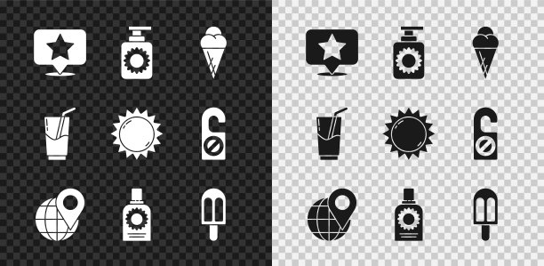 设置地图指针与星星，防晒喷雾瓶，冰淇淋华夫蛋筒，位置全球，鸡尾酒和酒精饮料和图标。向量图片下载