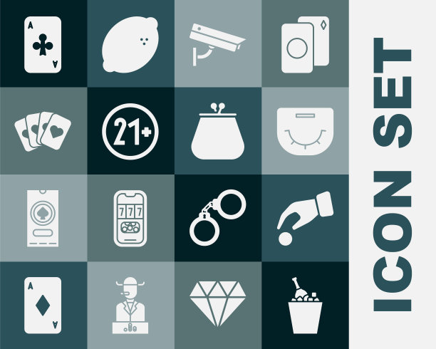 设置香槟在冰桶，手握赌场筹码，牌桌，安全摄像头，21 +，扑克牌甲板，玩俱乐部和钱包图标。向量图片下载