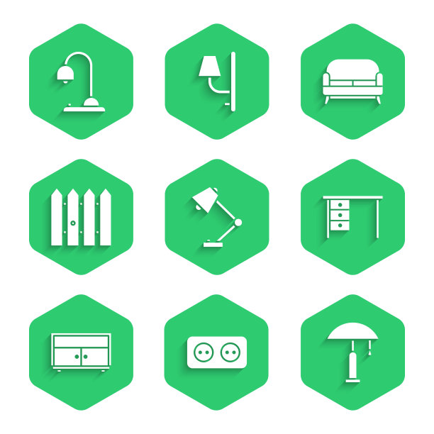 设置台灯，电源插座，办公桌，五斗柜，木制花园围栏，沙发和图标。向量图片下载