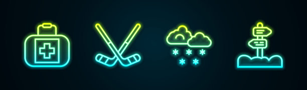 设置线急救箱，冰球棒，云与雪和道路交通标志。发光的霓虹灯图标。向量图片下载