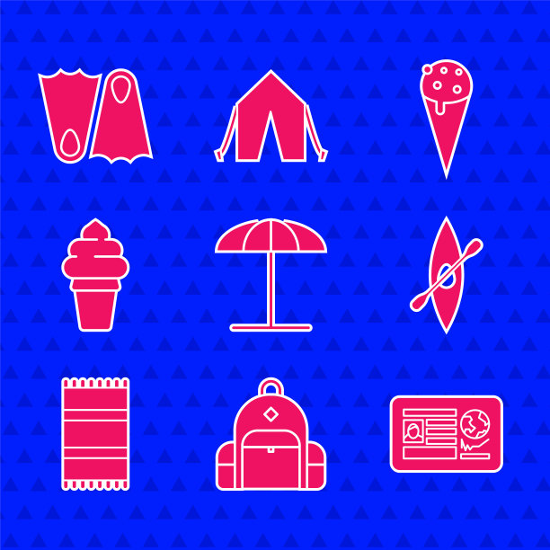 设置防晒伞海滩，徒步旅行背包，护照与签证盖章，皮划艇独木舟和桨，沙滩毛巾，冰淇淋华夫饼筒，橡胶脚蹼图标。向量图片下载