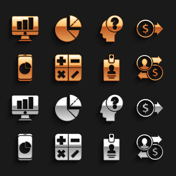 设置计算器，硬币与美元，职位晋升交换，身份徽章，手机图表，人头问号，显示器和饼信息图形图标。向量图片下载