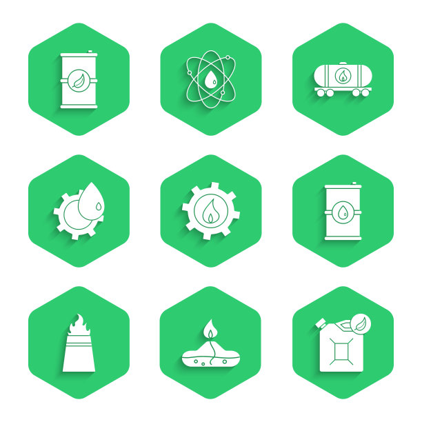 设置石油工业厂房，酒精燃烧器，生物燃料罐，桶油，钻机与火，铁路水箱和桶图标。向量图片下载