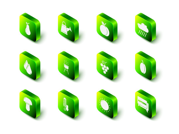 设置浇水罐，桃果，云与雨，李子，语音泡文本秋天，葡萄，太阳和气象温度计图标。向量图片下载