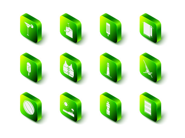 设置沙子在桶铲，冰淇淋，毛巾在衣架，日光浴床，沙滩毛巾，灯塔，一瓶水和伞椅图标。向量图片下载