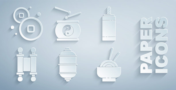 设置中国纸灯笼，烟花，法令，纸，羊皮纸，卷轴，亚洲面碗，鼓和人民币货币图标。向量图片下载