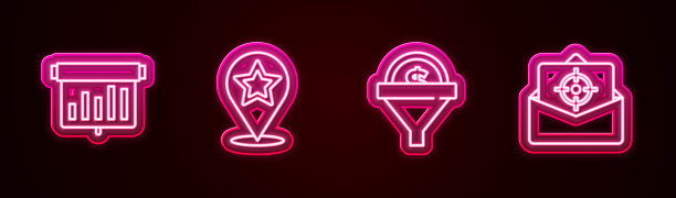 设置线板与图表，地图指针星，领导管理和邮件和电子邮件。发光的霓虹灯图标。向量图片下载