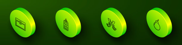 设置等距线古董宝箱，炸药炸弹，交叉海盗剑和炸弹准备爆炸图标。向量图片下载