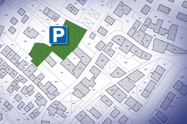 想象的城市地图与建筑，道路和中央停车场在一个住宅区的概念图像图片下载