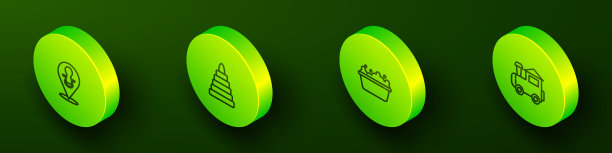 设置等距线婴儿假奶嘴，金字塔玩具，浴缸和玩具火车图标。向量图片下载