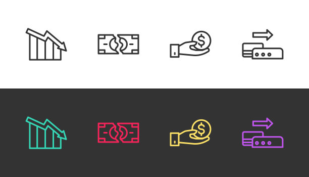 设定线金融增长减少，撕裂钞票，手给和Pos终端上的黑白。向量图片下载